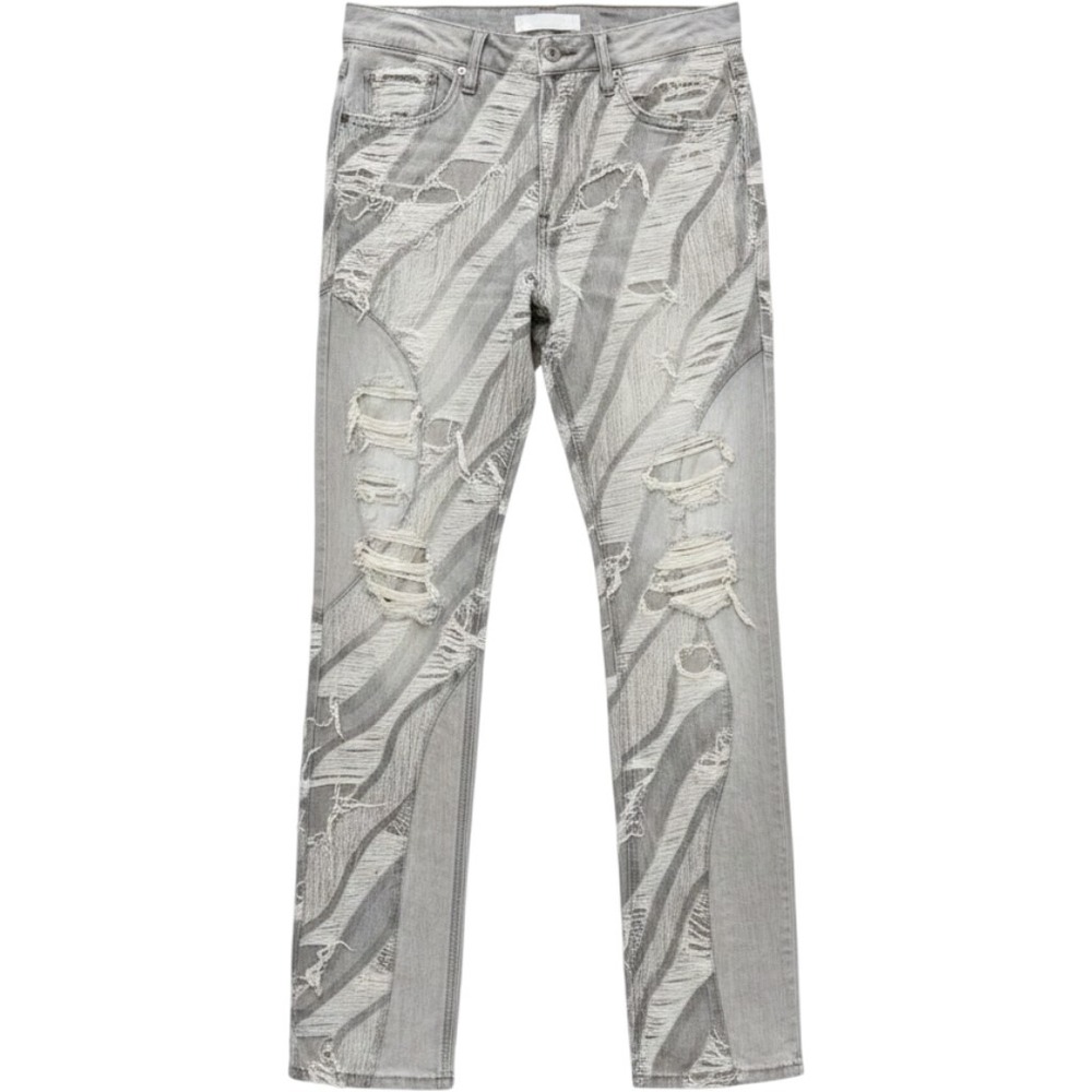 KDNK Mens Grey Distressed Slim Fit Jeans KND4750 Zebra Swirl Frayed Denim 32